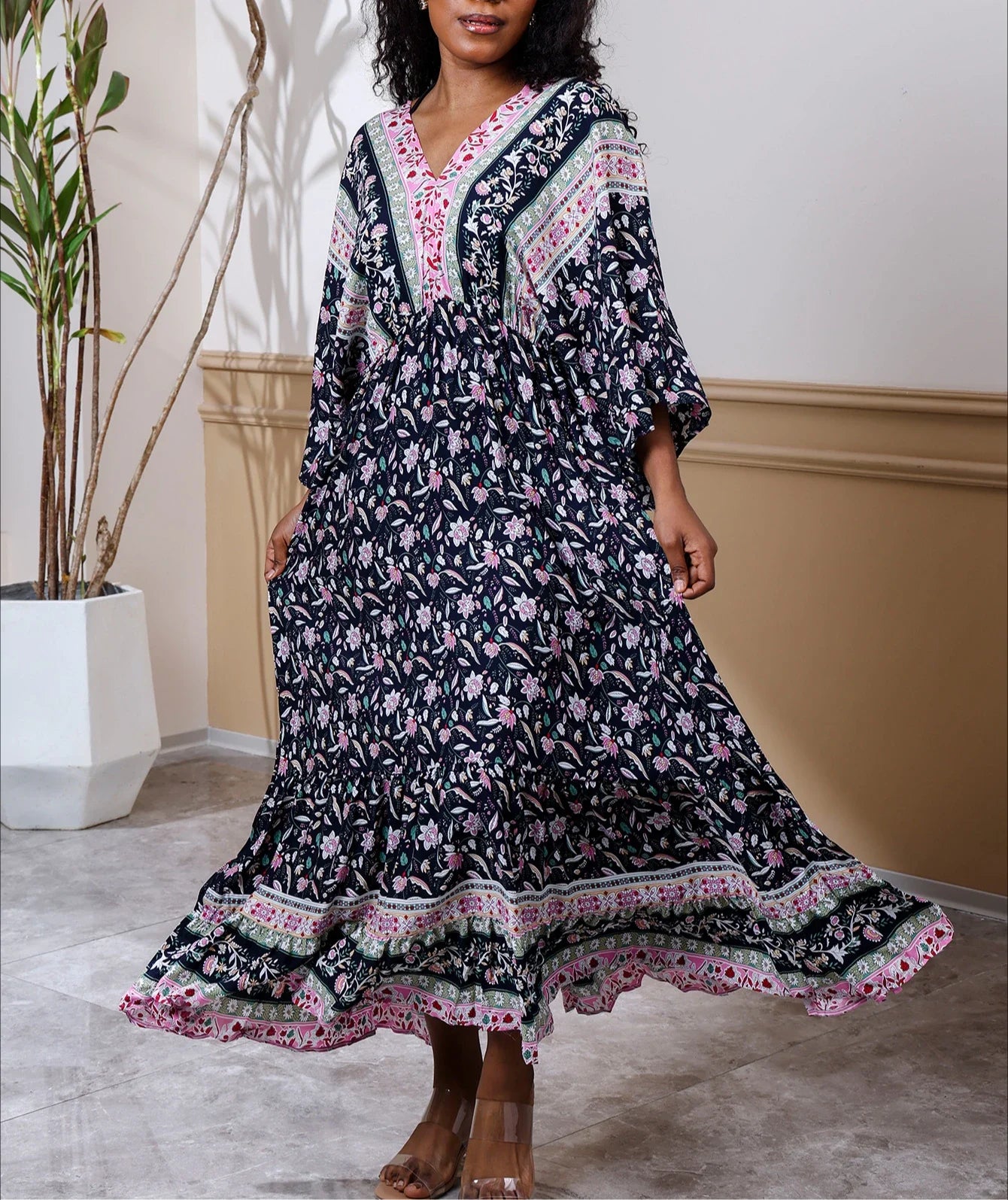 Deep V Neck Cotton Rayon Floral Printed Long Dress Summer Boho Beach Cover up Casual Loose Elastic Waist Maxi Dresses Women Robe