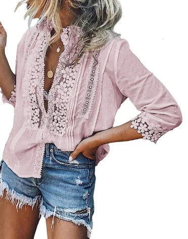AYUALIN deep v neck lace blouse shirt women tops vintage splice lace Spring Summer blouses boho beach femme Shirts casual Blusas