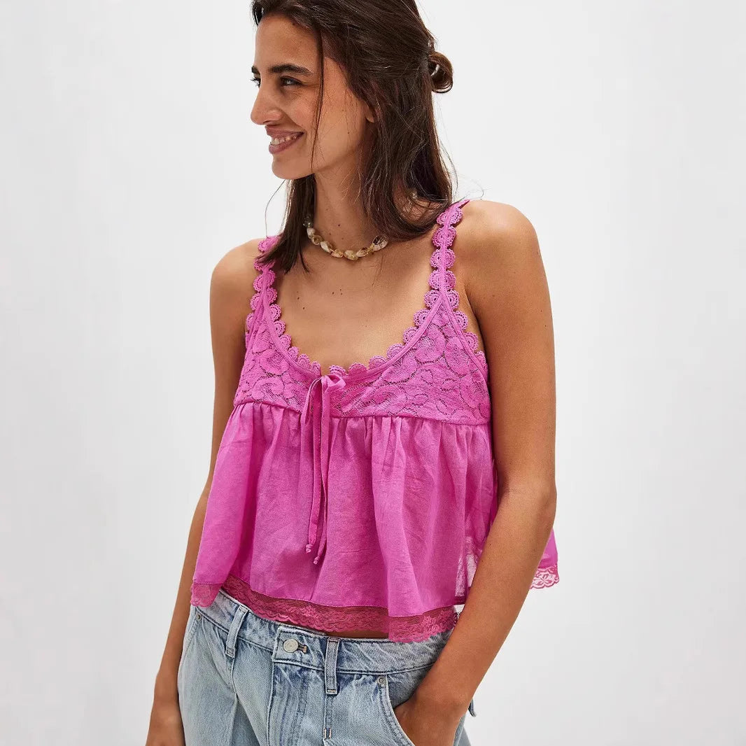 Bohemia Sleeveless Strap Blouse Lace Tank Top Women Casual Cotton Lace-up Deep V Neck Boho Beach Summer Blouses Shirts Tops
