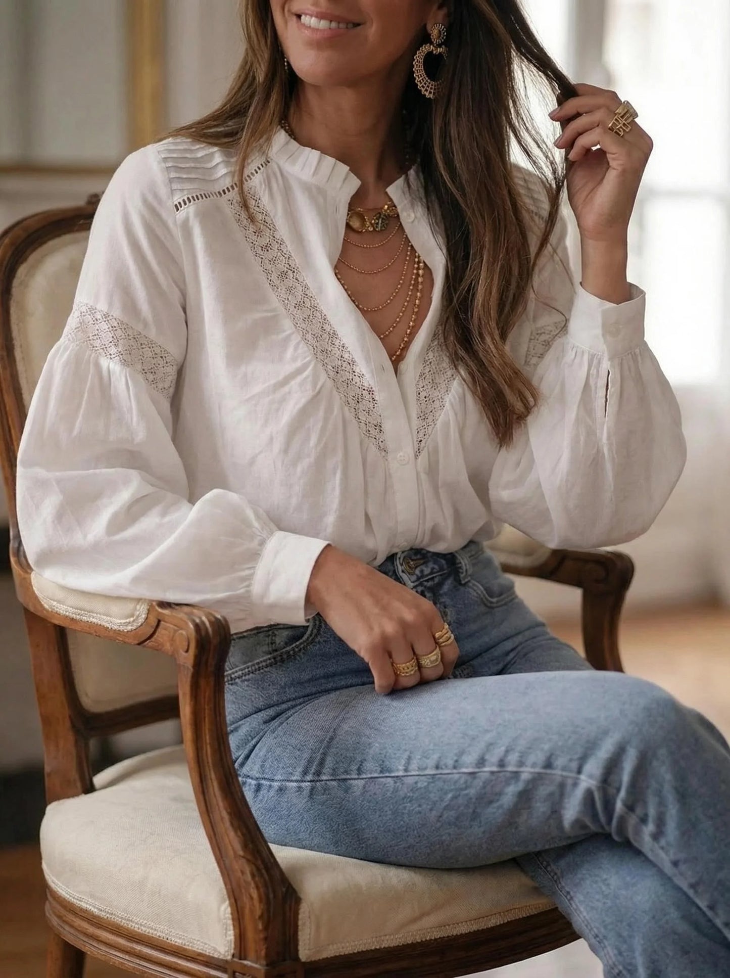 White Blouses Shirts for Women Puff Long Sleeves Splicing Lace Casual Spirng Summer Blouse Boho Beach Blusas Elegant Ladies Tops