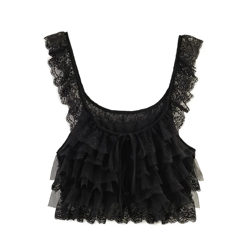 Creamy Lace Ruffled Layered Strappy Top Women Blouses Vintage Sleeveless O Neck Cropped Camisole Boho Beach Sheer Tanks Tops