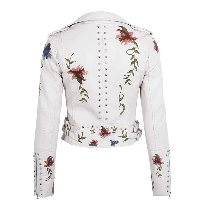 AYUALIN Long Sleeve Boho Leather Jacket Women Coat Floral Embroidery Vintage Rivet Zipper Spring Autumn Black Biker Moto Jackets