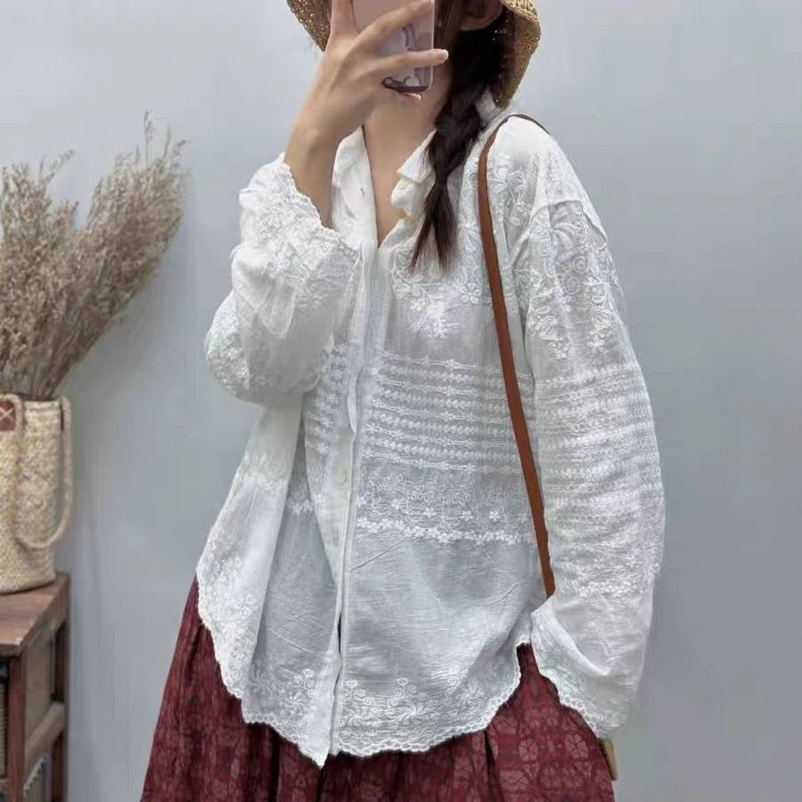 Long Sleeve Casual Boho Beach Wear Blouse White Cotton Embroidery Lace Blouses Shirts For Women Top Vintage Spring Summer Blusas