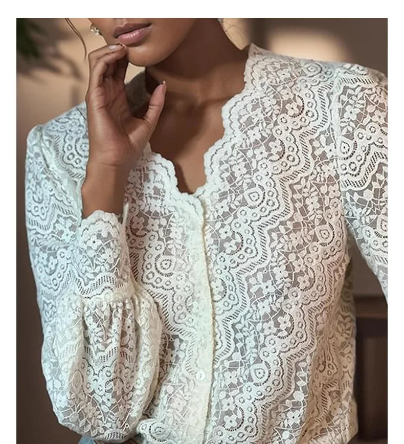 Elegant White Floral Lace Blouses Shirts For Women Boho Long Sleeve Sexy V Neck Vintage Ladies Tops Casual Blouse Shirt Blusas