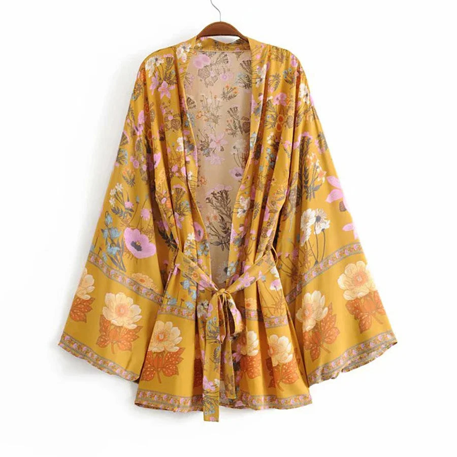 AYUALIN Short Kimono Cardigan Autumn Robe Yellow Floral Print Flare Long Sleeve Gypsy Beach Summer Loose Bohemian Women Blouses