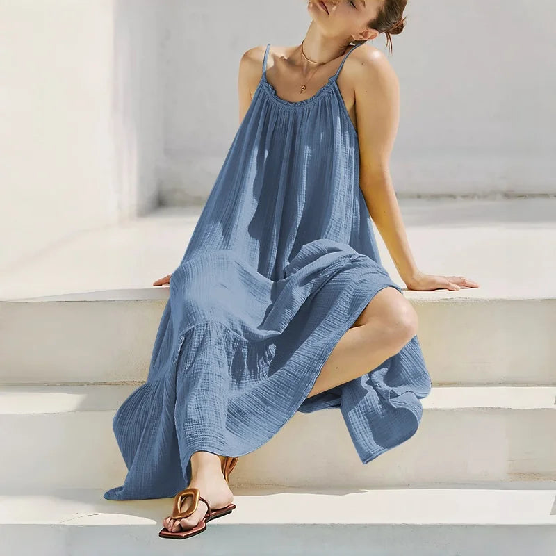 100% Cotton Bohemian Long Dress for Women Robe Casual Loose Sexy Backless Sleeveless Summer Boho Beach Wear Relaxed Vestidos