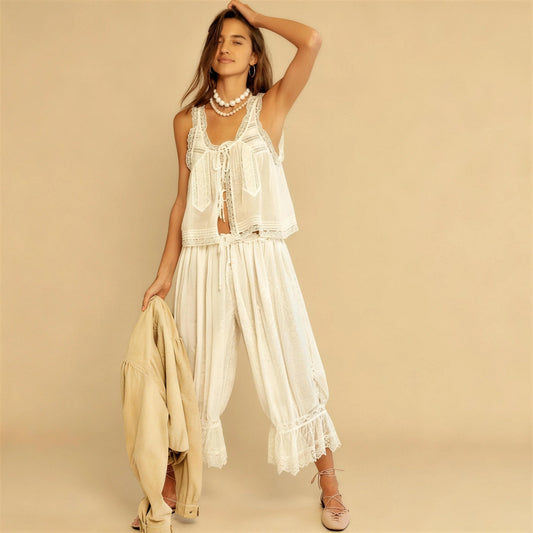 Summer Two-Piece Women's Lace Pant Sets Ruffles Tank Top Lotus Balloon Pants Suit Bed Casual Matching Set Boho Beach Free Style