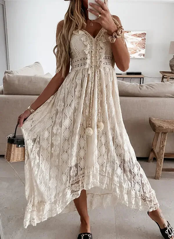 AYUALIN Sexy Sleeveless Backless Irregular Strap Dress Women Robe Vintage Tassel Boho Beach Vestidos Floral Lace Summer Dresses
