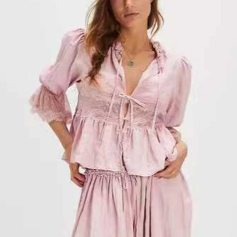 Lace Blouses Shirts for Women Tops Summer Vintage V-Neck Puff Sleeve Loose Fit with Buttons Causal Blouse Cotton Bed Jacket Top