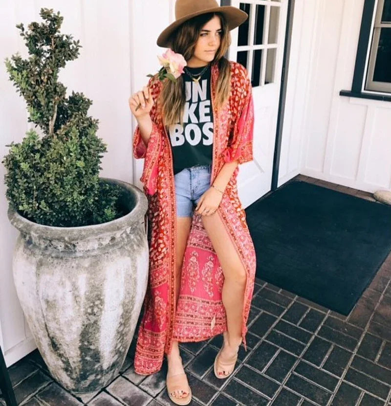 AYUALIN pink Chiffon Floral Print Cover up beach wear Blouse women Vintage Kimono CardiganTops Blusas femme boho swim coverups