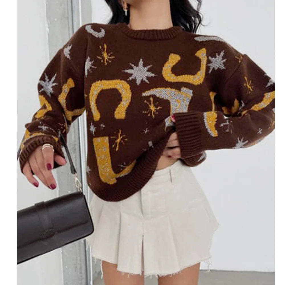 Loose Long Sleeve Pullovers Autumn Winter Warm Women Sweater Pull Hippie Ethnic Jacquard Knitted Sweaters Jumpers Boho Casual