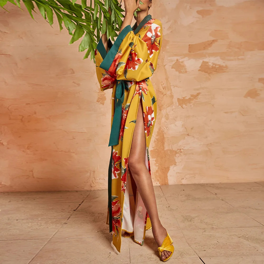 Floor-length Kimono Cardigan for Women Kaftan Robe Gown Silk Floral Printed Cover-up Pajamas Bathrobe Boho Beach Wear Dresses