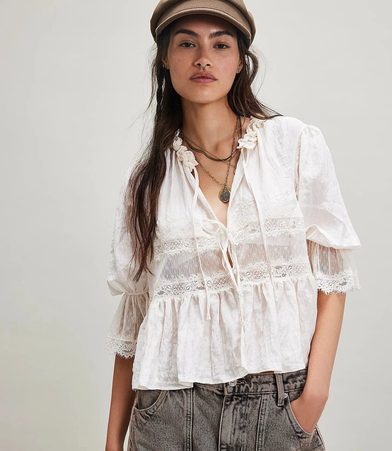 Lace Blouses Shirts for Women Tops Summer Vintage V-Neck Puff Sleeve Loose Fit with Buttons Causal Blouse Cotton Bed Jacket Top