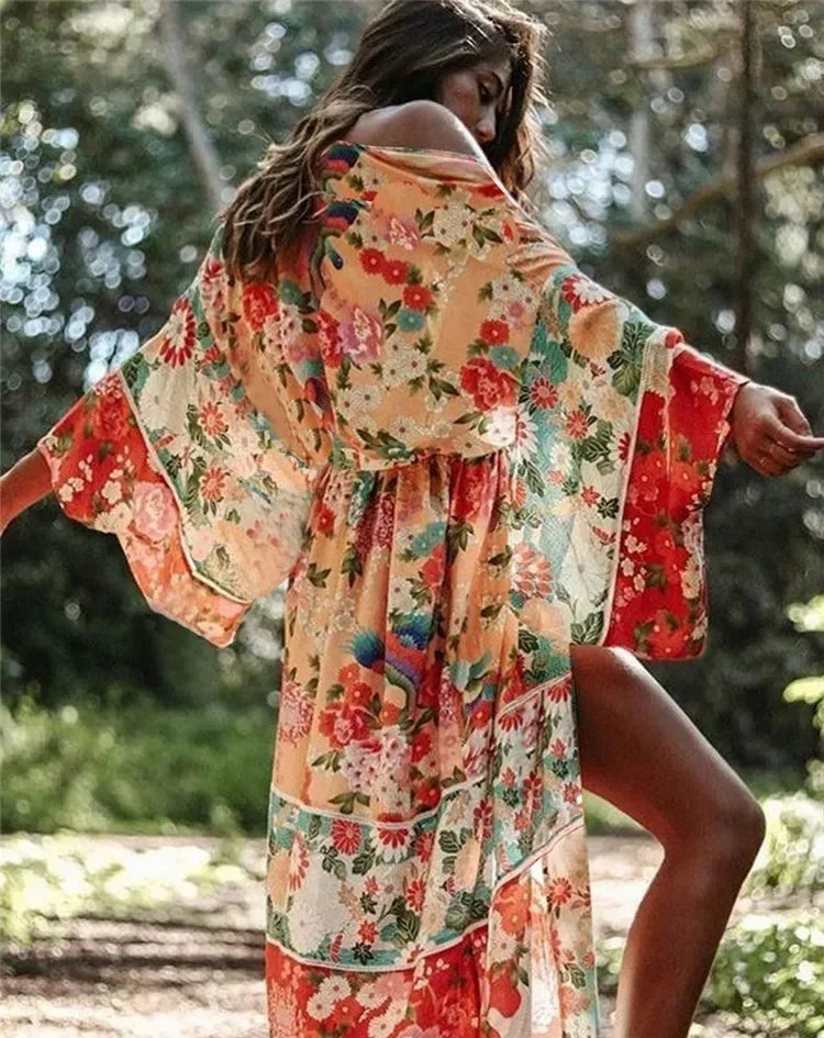 AYUALIN Red Chiffon Floral Print Long Women Dress Boho Beach Cover Up Robe Cover Ups Mujer Bikini Beachwear Tunic Kaftan Dresses