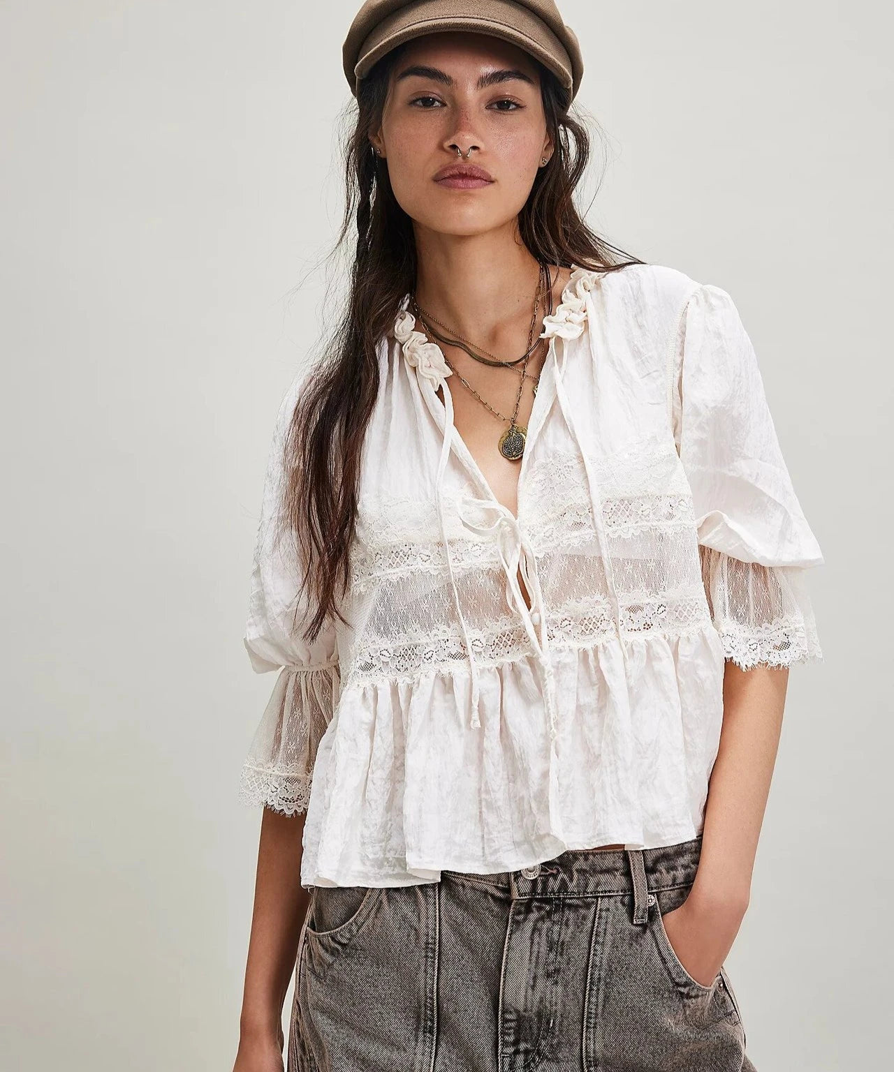 Lace Blouses Shirts for Women Tops Summer Vintage V-Neck Puff Sleeve Loose Fit with Buttons Causal Blouse Cotton Bed Jacket Top