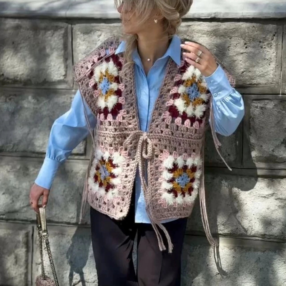 Ethnic Crochet Granny Square Vest Sweaters Women Coat Floral Hollow out knitted vest jacket Jumpers Autumn Spring Boho Sweater