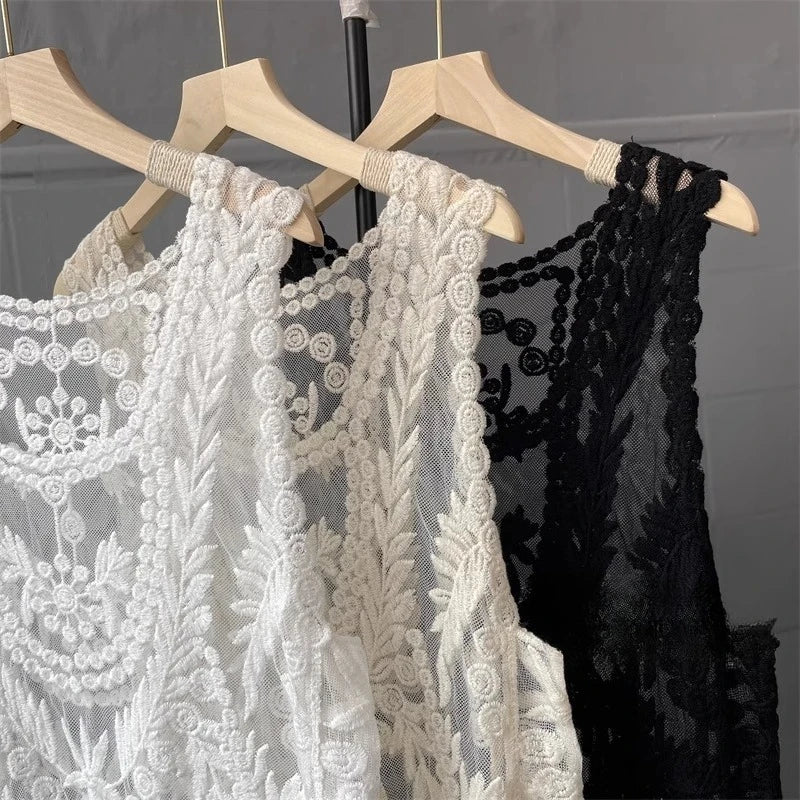 Boho Beach Cover-up Sexy Sleeveless Blouse Shirt Women Lace Top Summer Mini Vestidos Floral Embroidery T-Shirts Tank Tee Shirts