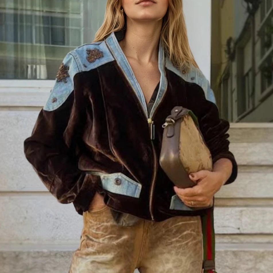 Vintage Velvet Coat Jacket for Women Autumn Patchwork Denim Long Sleeve V Neck Jackets Bead Embroidery Elegant Outerwear Coats