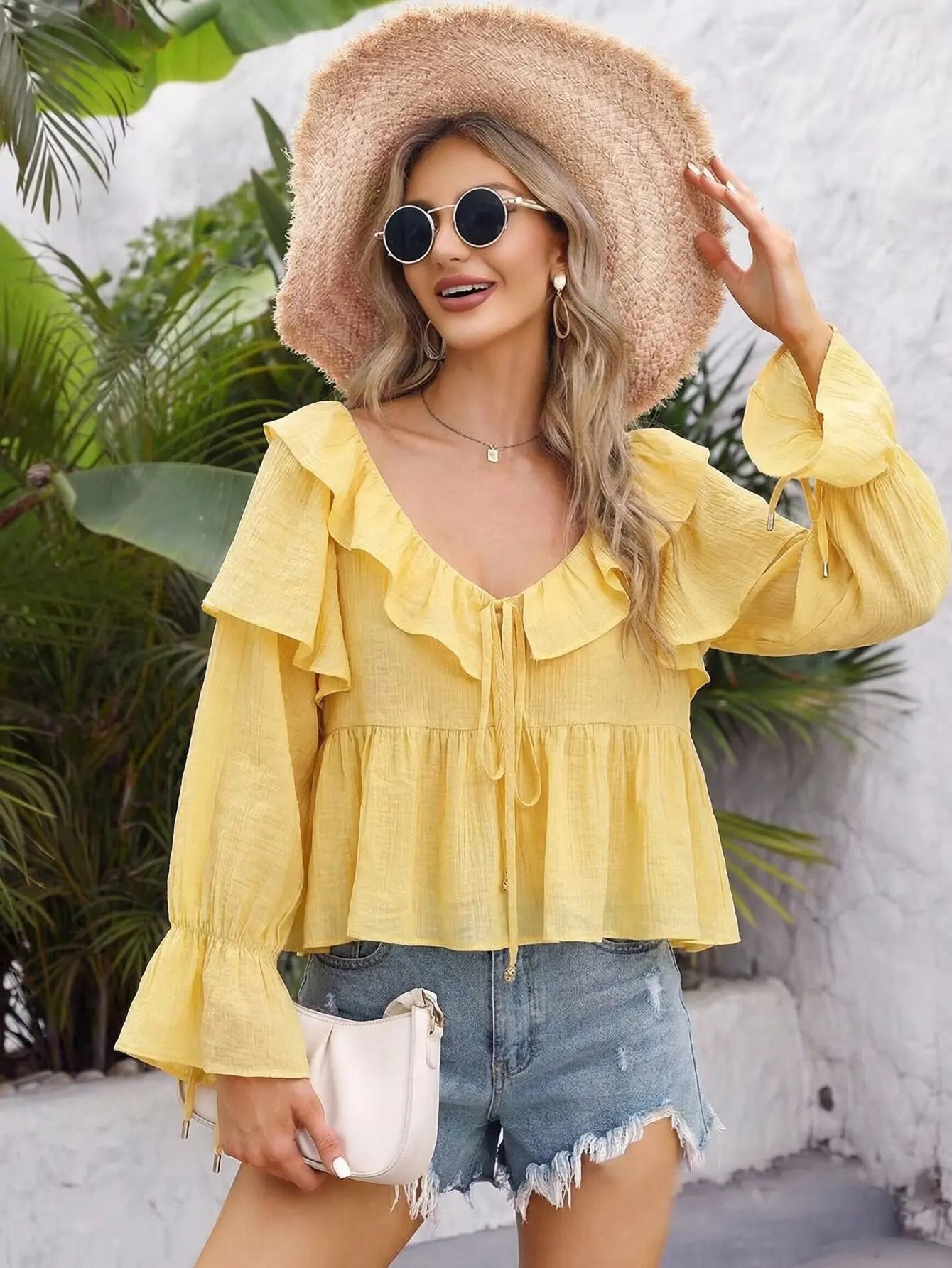 Ruffle Off Shoulder Lace-up Blouses Shirts Women Tops Yellow Casual Ruffles Flare Sleeves Spring Summer Blouse Boho Beach Shirt
