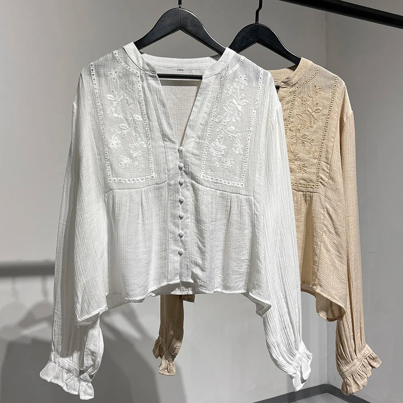 Floral Embroidery Cotton Blouses Shirts for Women Tops Casual Lantern Long Sleeve Boho Beach Blouse Shirt Spring Autumn Blusas