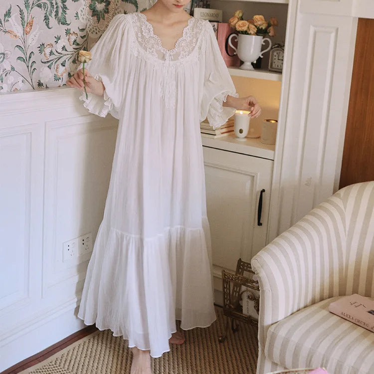 Elegant Cotton V Neck Lace Dresses Women Nightgowns White Casual A-line Loose Spring Summer Long Dress Bohemian Robe Vestidos