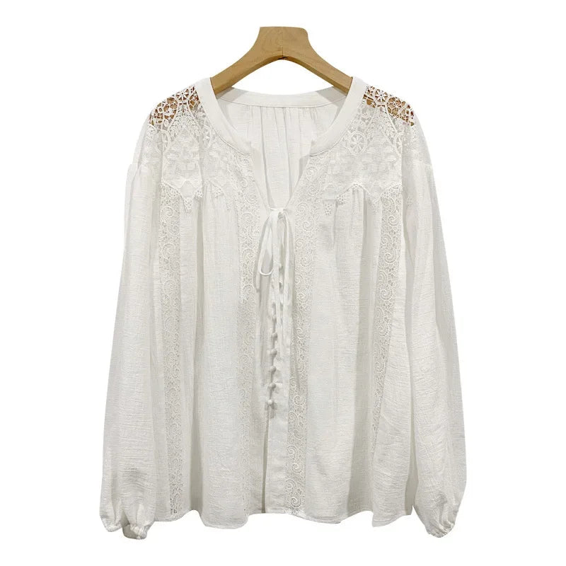 AYUALIN Vintage Top Oversize Lantern Long Sleeve Blouse Cotton White Lace Blouses Shirt Women Boho Beach Loose Ladies Blusas