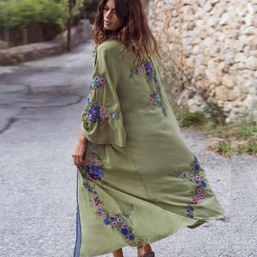 Long Cardigan for Women Kaftan Robe Light Green Cotton Rayon Floral Embroidery Beach Wear Blouse Long Sleeve Loose Boho Vestidos