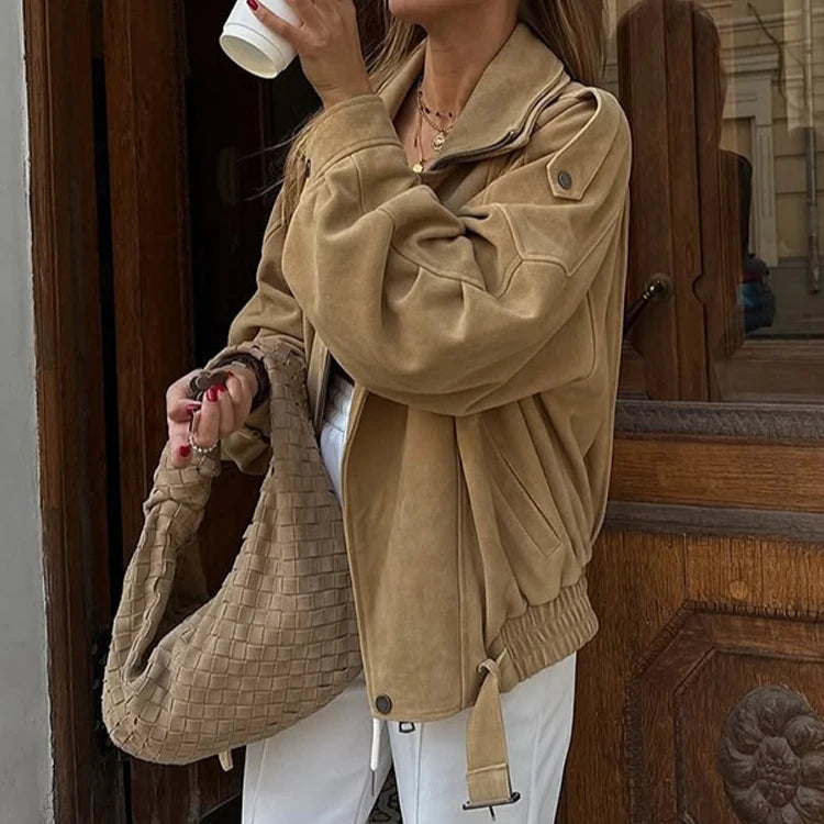 Oversize Brown Premium Suede Jacket for Women Coats Spring Autumn Long Sleeve Leather Fashion Short Jackets Casual Top Outwear