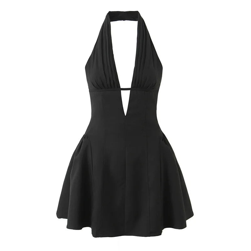 Sexy Deep V-neck Backless Mini Dresses Women Summer Cinched Waist Vintage Halter Neckline Sweet Spicy Girl  Boho Beach Dress
