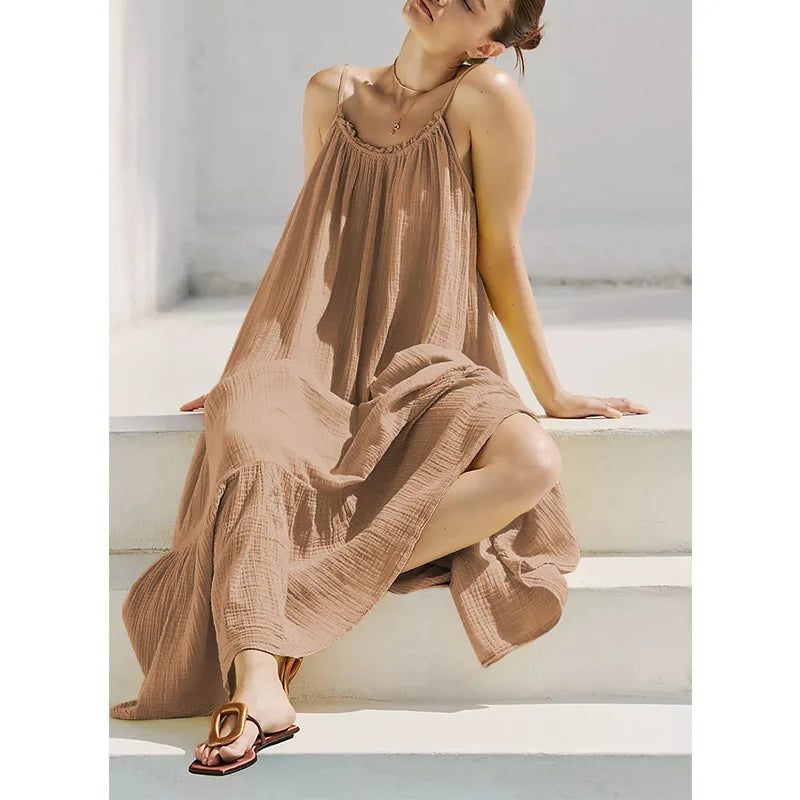100% Cotton Bohemian Long Dress for Women Robe Casual Loose Sexy Backless Sleeveless Summer Boho Beach Wear Relaxed Vestidos