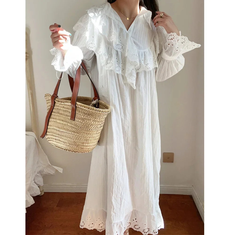 Flare Long Sleeve Ruffles Dress For Women Robe Cotton White Floral Embroidery Lace Dresses Oversize Casual  Autumn Boho Vestidos
