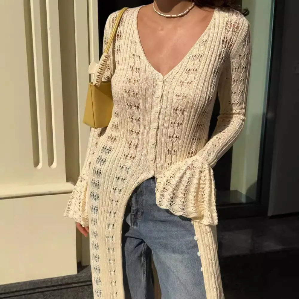 Cotton Knitted Hollow Out Dress Summer Flare Long Sleeve Cardigan Maxi Dresses Women Robe Vintage Slim Fit Boho Beach Vestidos