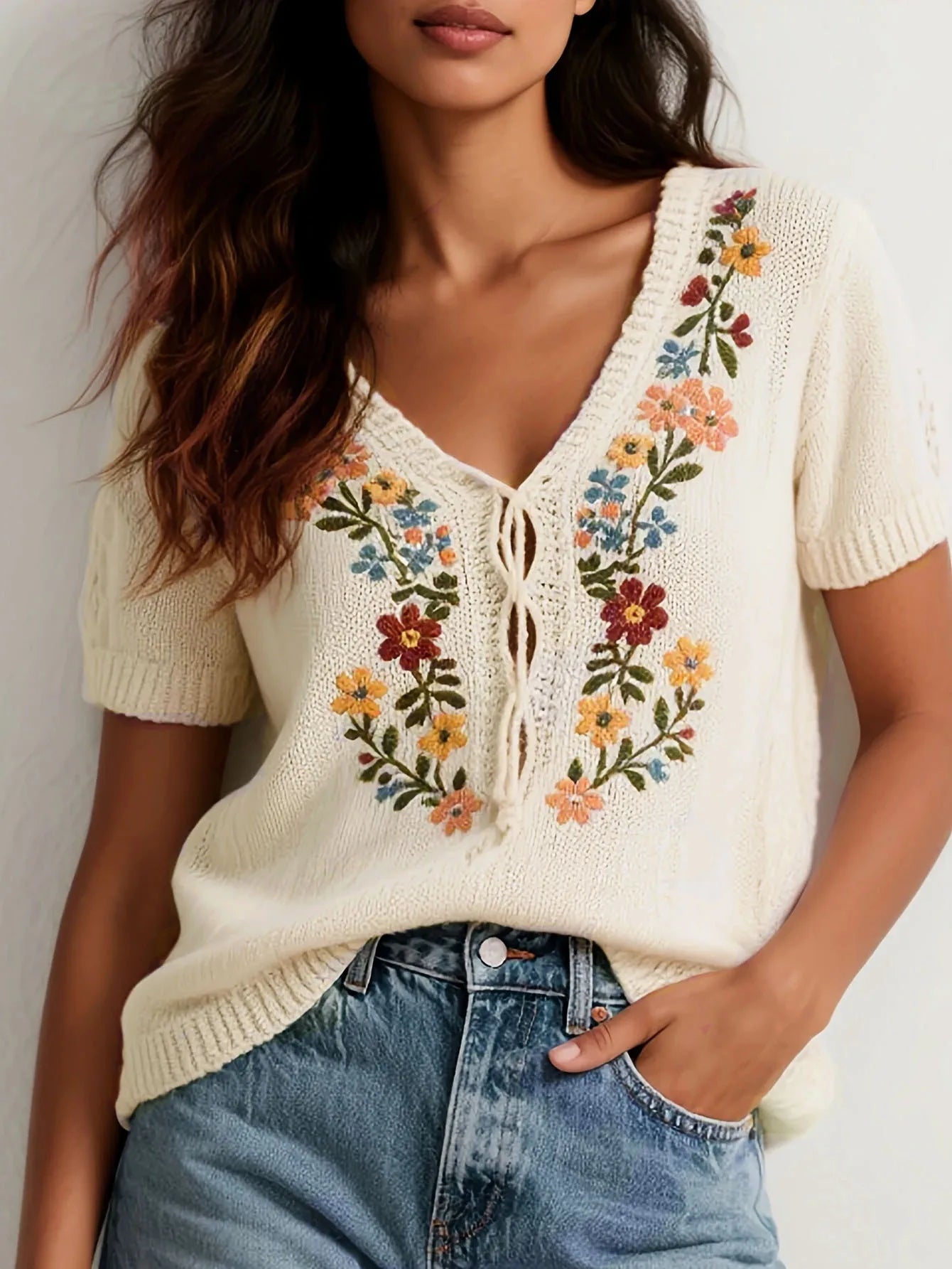 Bohemian Flower Embroidery Knitted Sweater Vintage Loose Sweaters for Women V Neck Spring Autumn Jumpers Boho Beach Pullovers