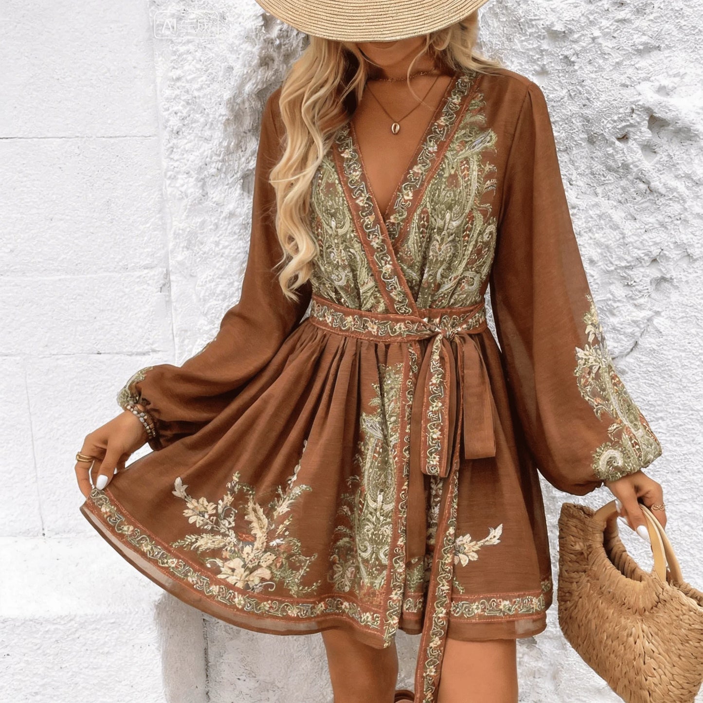 Ethnic Cotton Rayon Printed Long Sleeves Mini Dresses for Women Vintage Deep V Neck Spring Short Women's Dress Boho Beach Robe