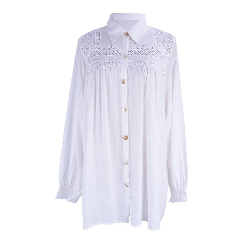 Cotton rayon White lace blouse shirt women summer robe casual bikini swimsuit cover up blouse boho beach vacation cover-up shirt