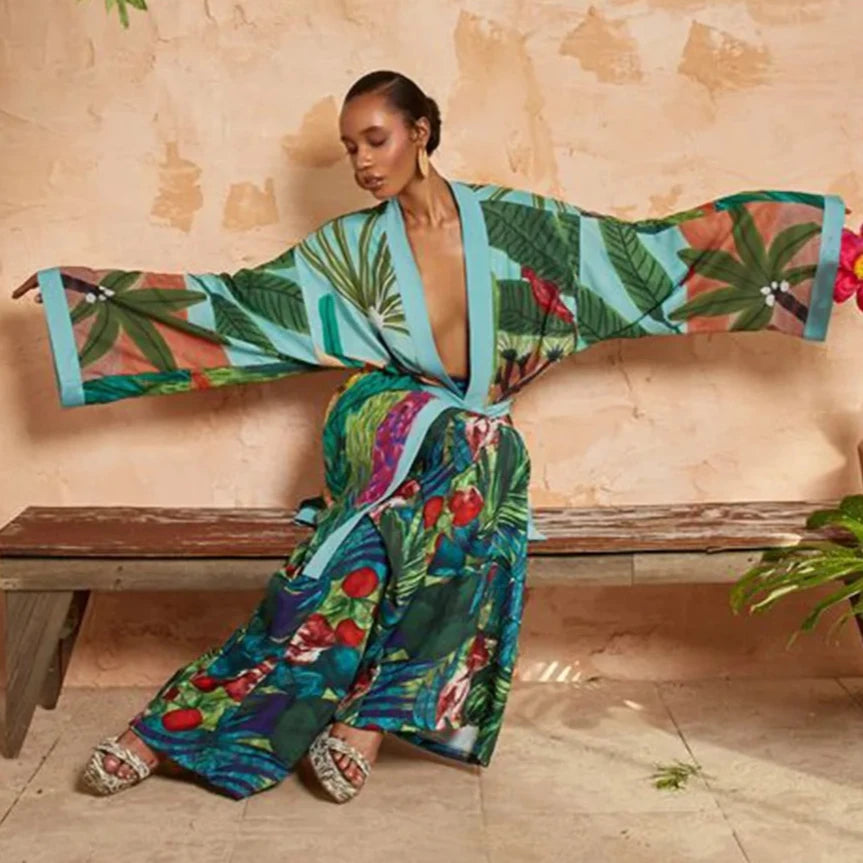 Floor-length Kimono Cardigan for Women Kaftan Robe Gown Silk Floral Printed Cover-up Pajamas Bathrobe Boho Beach Wear Dresses
