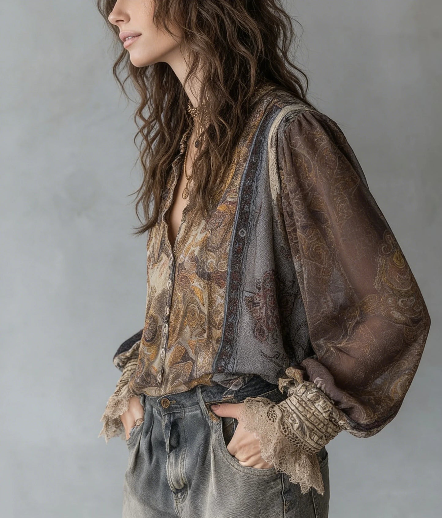 Loose Long Sleeve V Neck Blouses Shirts Women Tops Vintage Chiffon Floral Printed Splice Lace Boho Beach Blouse Ladies Spring