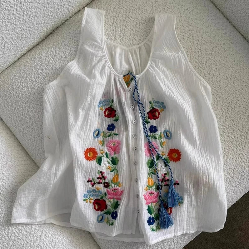 Cotton Floral Embroidered Tank Top Sleeveless Blouses Shirts for Women Casual Tassel Summer Blouse Boho Beach Camis Blusas Tops