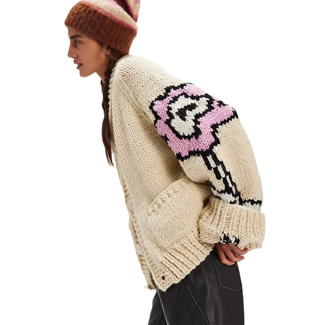 Oversize Casual Floral embroidery Long Sleeve Knitted Sweater For Women Pullover Loose Boho Autumn Winter Warm Sweaters jumpers