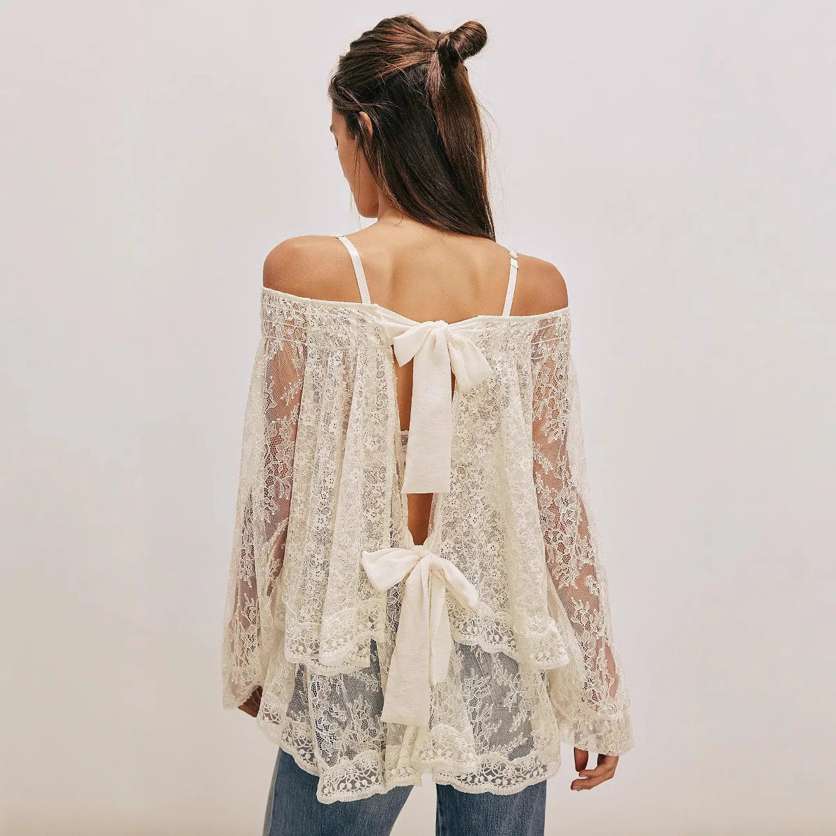 Oversize Loose Bow Lace-up Back Floral Lace Blosues Shirts for Women Tops Ruffles Lantern Long Sleeve O Neck Boho Beach Blouse