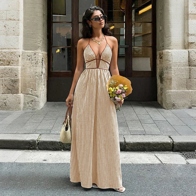 Backless Sleeveless Deep V-Neck Maxi Dress for Women Robe Cotton Linen Striped Long Summer Dresses Boho Beach Party Vestidos