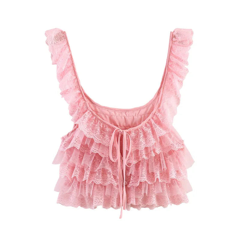 Creamy Lace Ruffled Layered Strappy Top Women Blouses Vintage Sleeveless O Neck Cropped Camisole Boho Beach Sheer Tanks Tops