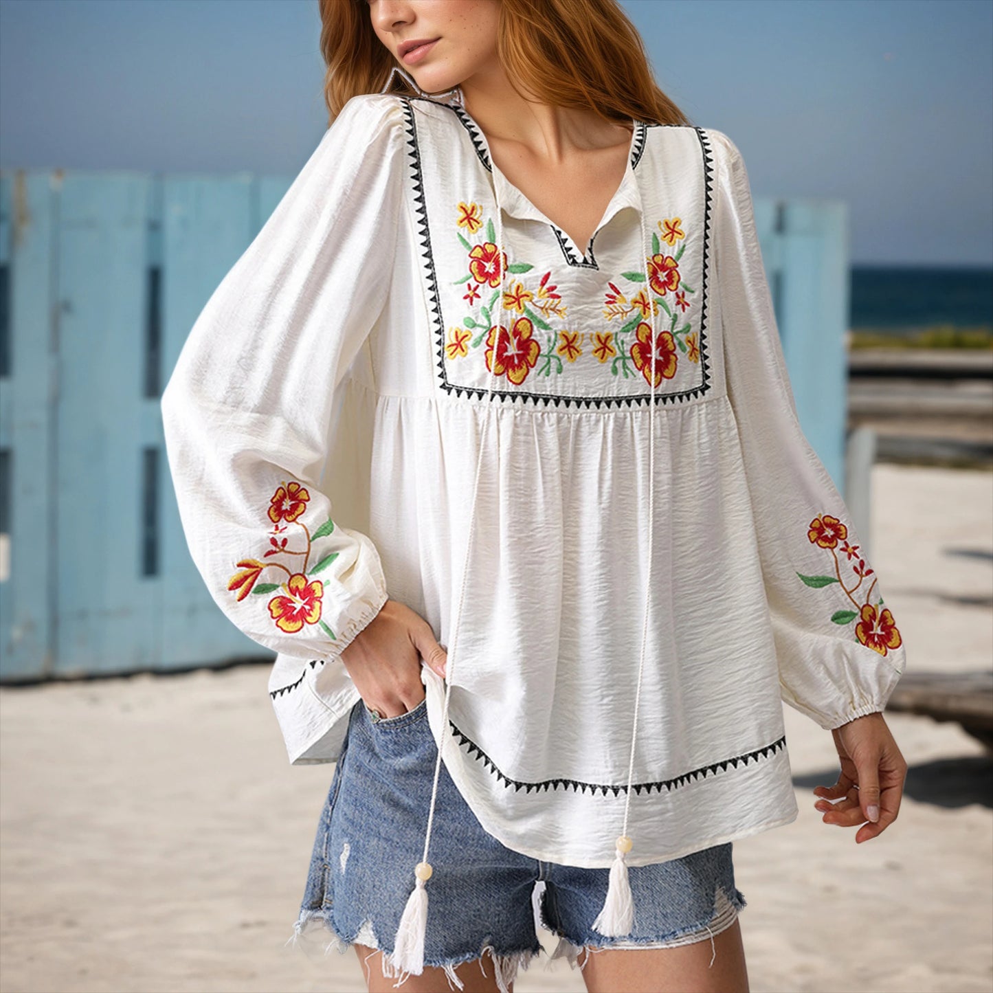 Ethnic Floral Embroidery Blouses Shirts For Women Top Casual V-neck Tassel Long Sleeve Boho Beach Blouse Spring Summer blusas