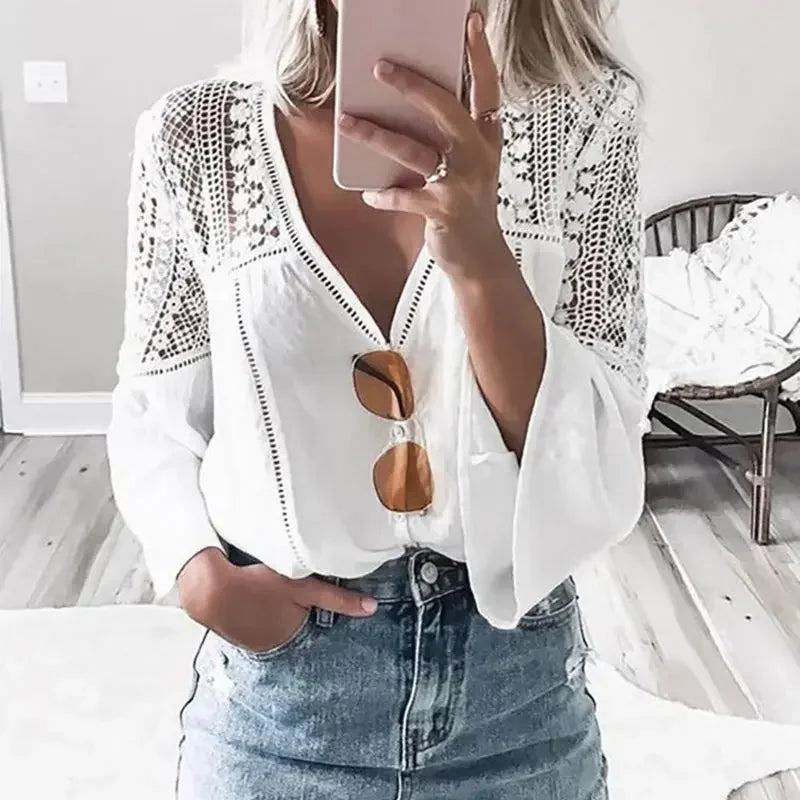 AYUALIN White Flare Sleeve Lace Blouses Women Top Vintage V Neck Hollow Summer Blouse Shirt 2025 Casual Boho Blusas