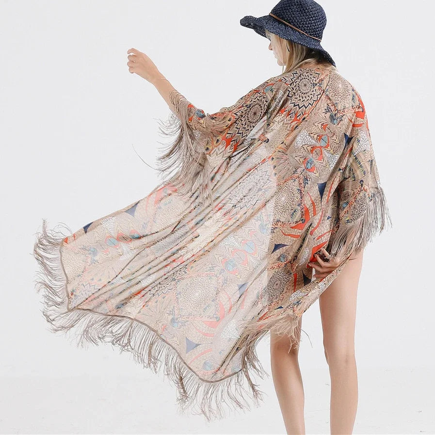 AYUALIN Boho Cover up Long Blouse Shirt Chiffon Floral Printed Kimono Kaftan Vestidos Beach Fringe Cover-Ups Robe for Women Tops