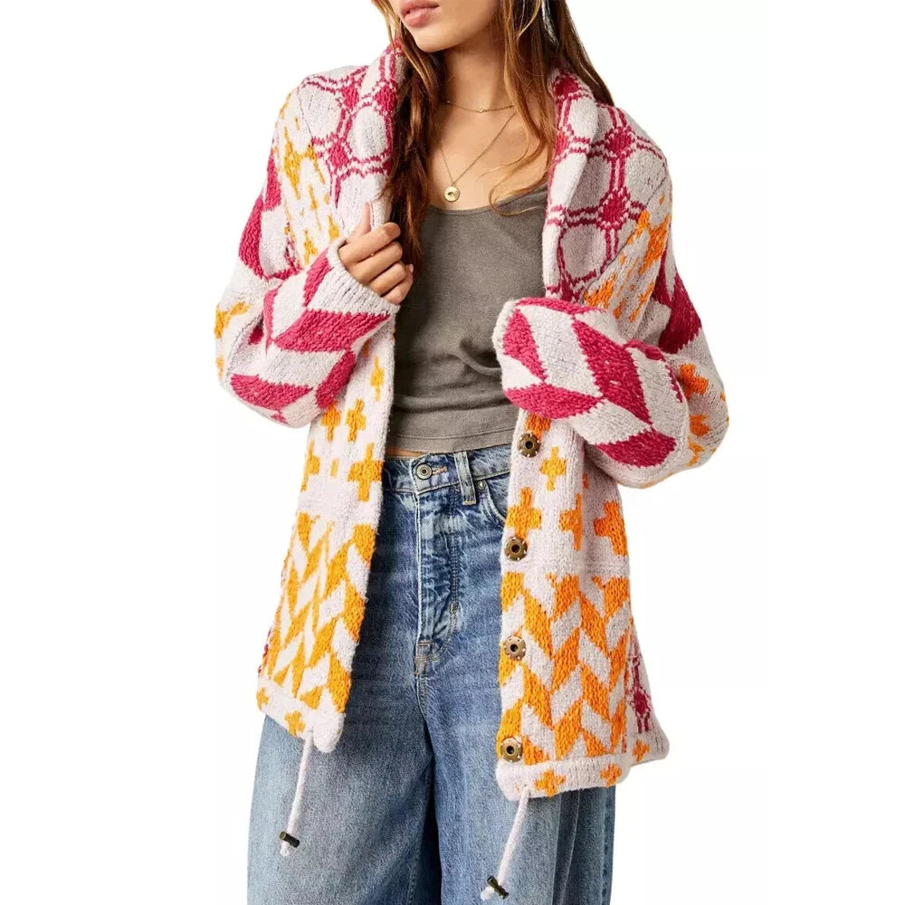 Chic Ethnic Pattern Embroidery Women Sweaters Cardigan Casual Loose Oversize Loose Vintage Knitted Autumn Winter Warm Coats