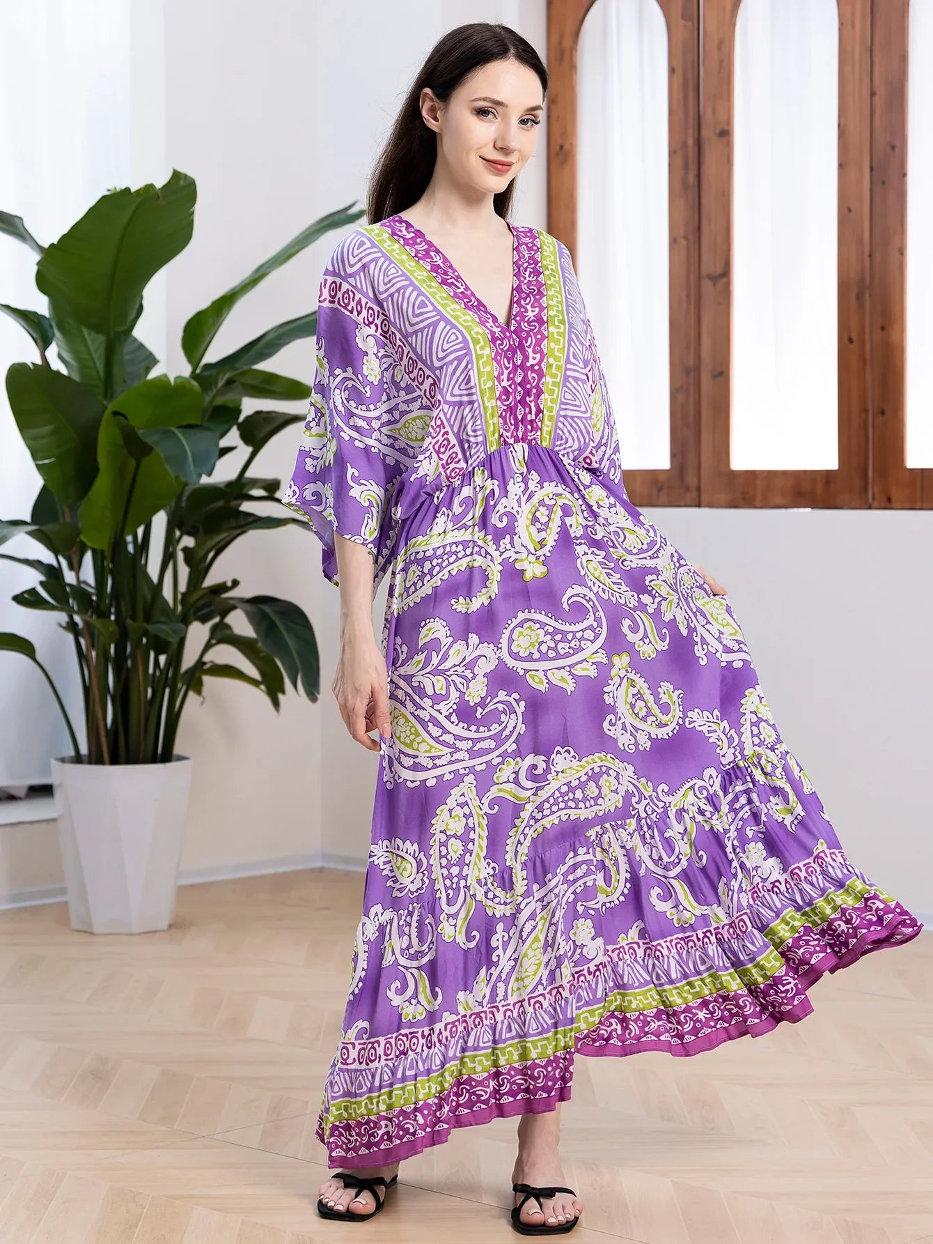 Deep V Neck Cotton Rayon Floral Printed Long Dress Summer Boho Beach Cover up Casual Loose Elastic Waist Maxi Dresses Women Robe