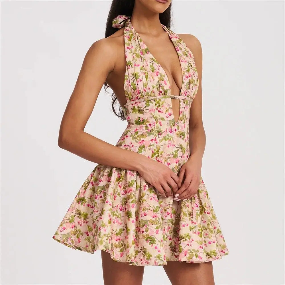 Sexy Deep V-neck Backless Mini Dresses Women Summer Cinched Waist Vintage Halter Neckline Sweet Spicy Girl  Boho Beach Dress