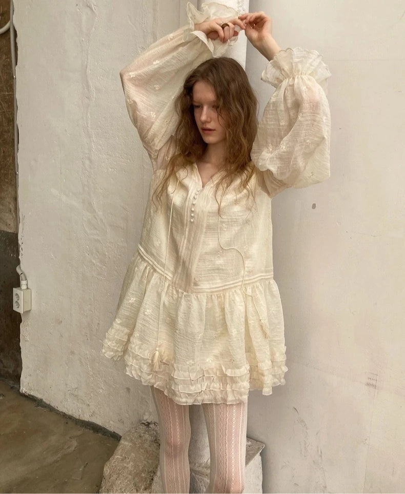 Romantic Bohemian Mini Dress Lightweight Semi-sheer Floral Embroidery Tassel Tie Tiered Hem Bishop Sleeves Dresses Women Robe