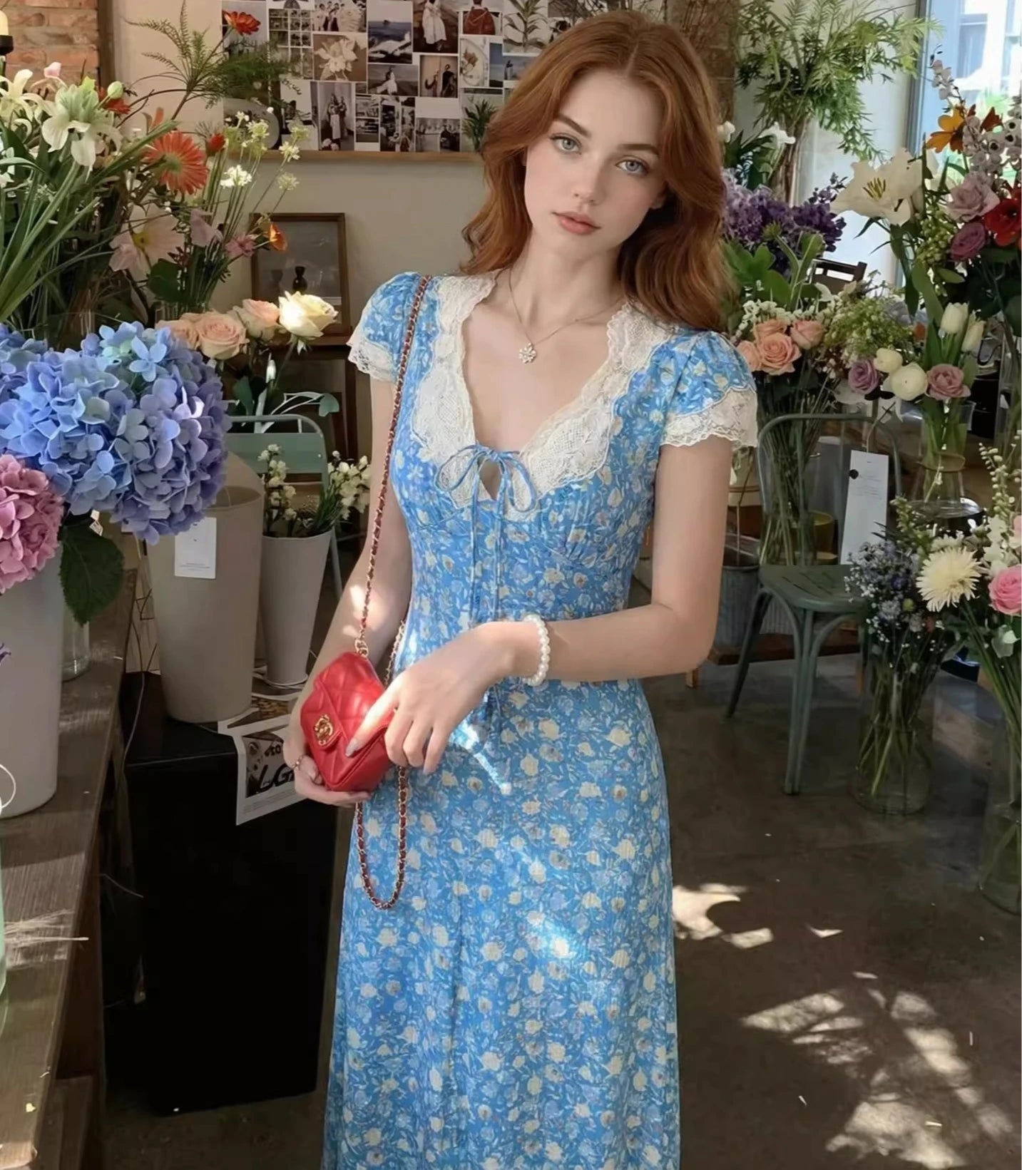 Cotton Rayon Printed Elegant Lace Long Dresses for Women Robe Vintage Sexy Slim V Neck French Style Summer Dress Ladies Vestidos
